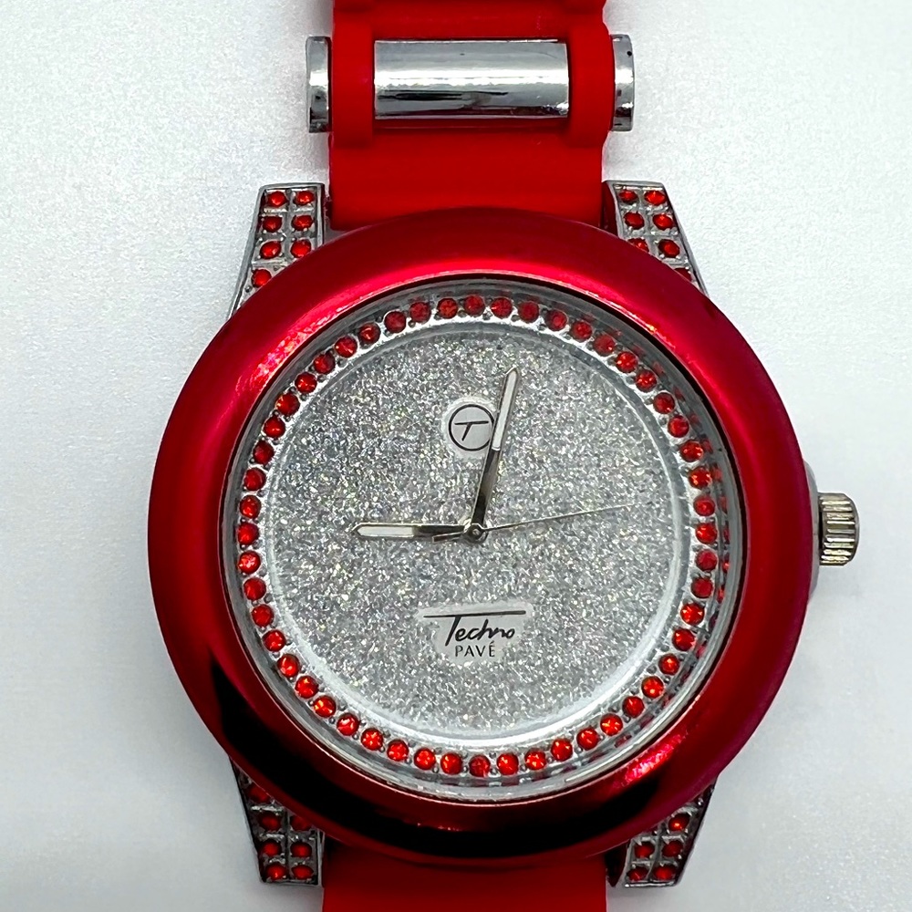 Techno Pave Silicone Band Icy Red & Silver Mens Watch